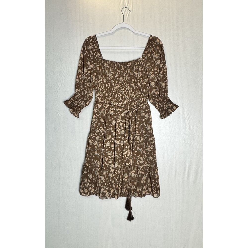Baltic Born Womens Azlyn Smocked Short Boho Dress Copper Floral Puff Sleeve Sz S